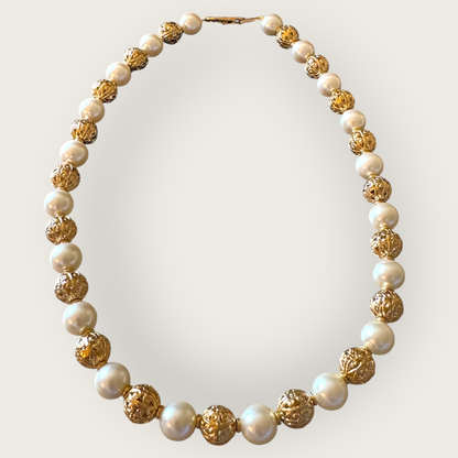 Vintage Napier Gold Filigree & Faux Pearl Beaded Necklace – 1980s Elegant Statement Piece, 16”