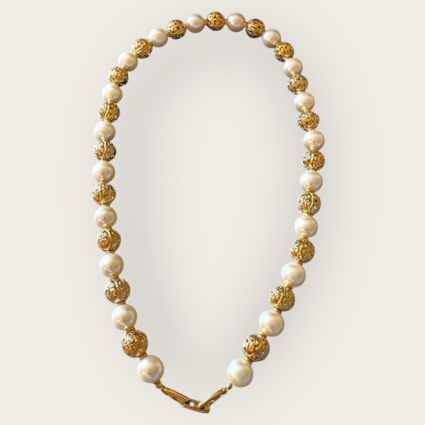 Vintage Napier Gold Filigree & Faux Pearl Beaded Necklace – 1980s Elegant Statement Piece, 16”