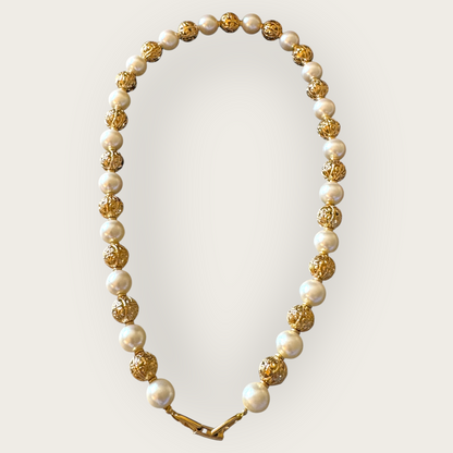 Vintage Napier Gold Filigree & Faux Pearl Beaded Necklace – 1980s Elegant Statement Piece, 16”