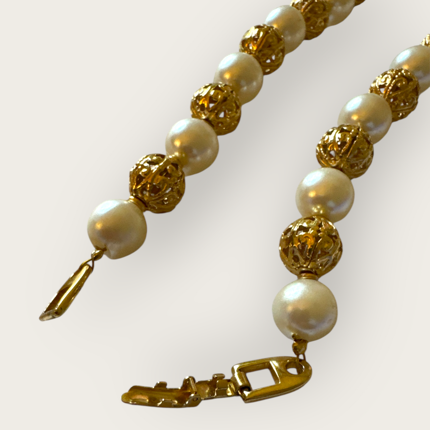 Vintage Napier Gold Filigree & Faux Pearl Beaded Necklace – 1980s Elegant Statement Piece, 16”