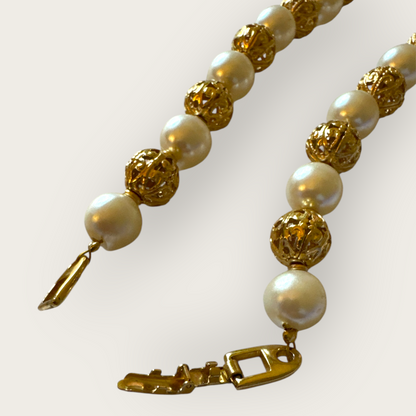 Vintage Napier Gold Filigree & Faux Pearl Beaded Necklace – 1980s Elegant Statement Piece, 16”