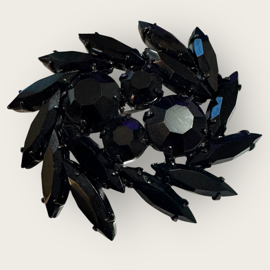 Vintage Black Glass Navette Brooch | Gunmetal Setting | Mid-Century Statement Pin