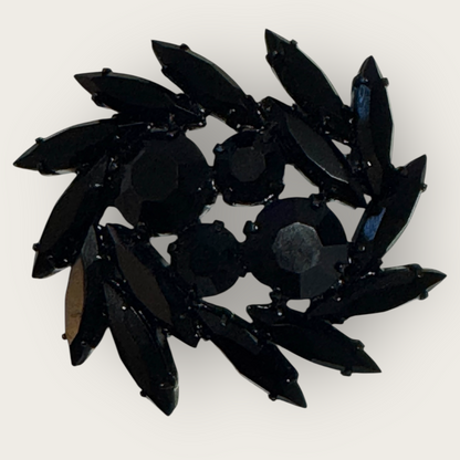 Vintage Black Glass Navette Brooch | Gunmetal Setting | Mid-Century Statement Pin