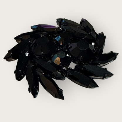 Vintage Black Glass Navette Brooch | Gunmetal Setting | Mid-Century Statement Pin
