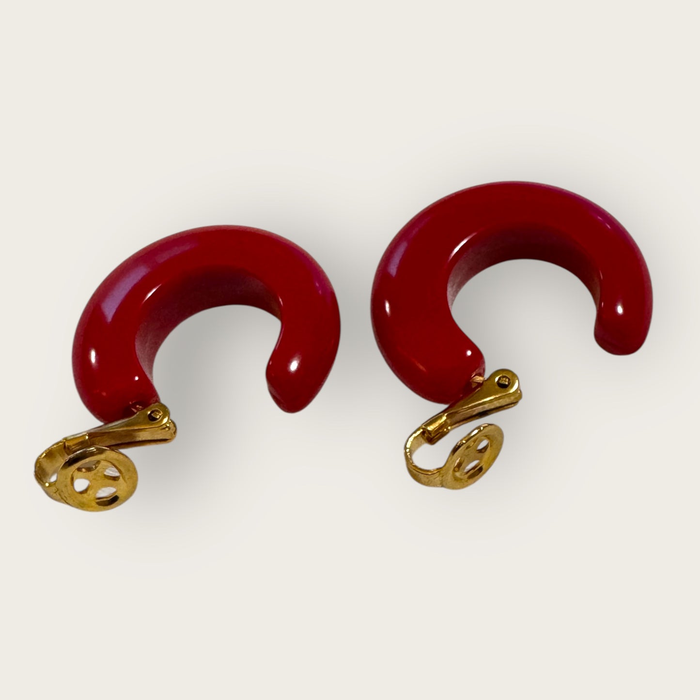 Vintage Red Lucite Huggie Earrings | Crown Trifari Clip-Ons | Gold Tone Hardware