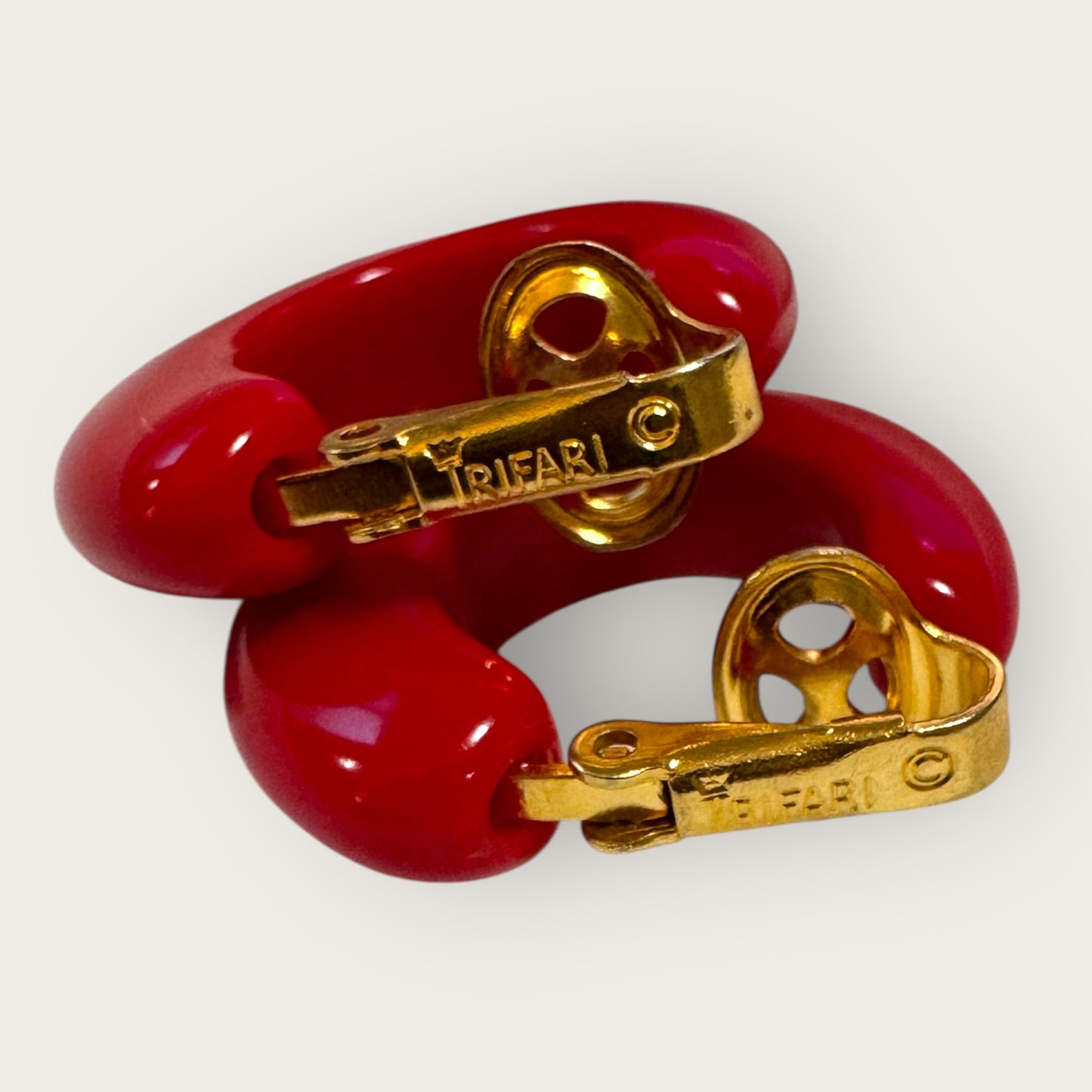 Vintage Red Lucite Huggie Earrings | Crown Trifari Clip-Ons | Gold Tone Hardware