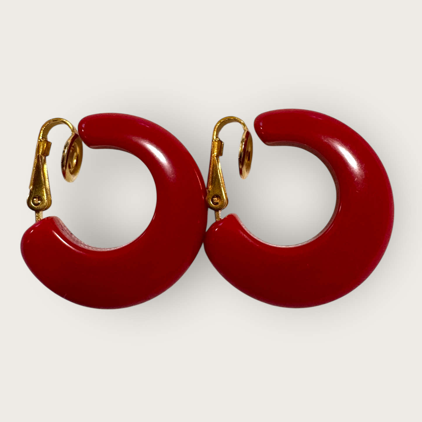 Vintage Red Lucite Huggie Earrings | Crown Trifari Clip-Ons | Gold Tone Hardware