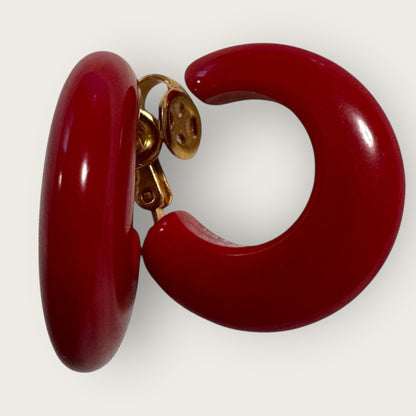 Vintage Red Lucite Huggie Earrings | Crown Trifari Clip-Ons | Gold Tone Hardware
