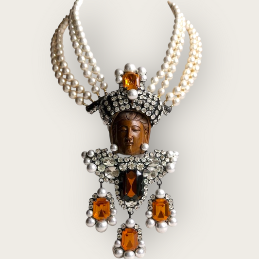 Lawrence Vrba Buddha Pendant Necklace & Brooch | Amber Glass, Rhinestone & Pearl | Private Collection