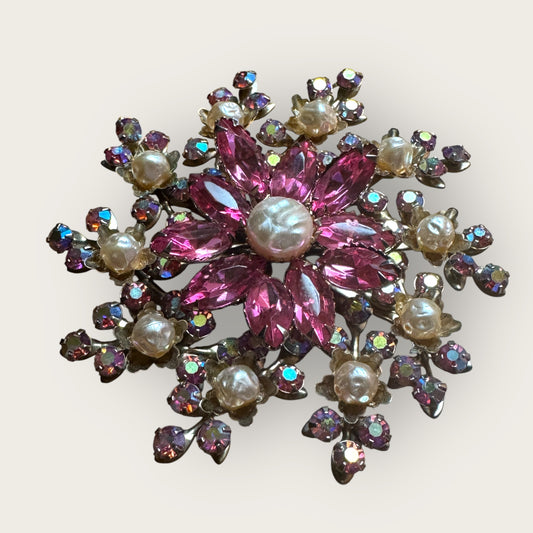 Vintage 1940s Pink Rhinestone & Faux Pearl Brooch | Floral Explosion Statement Pin | 3” Round