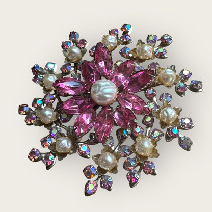 Vintage 1940s Pink Rhinestone & Faux Pearl Brooch | Floral Explosion Statement Pin | 3” Round