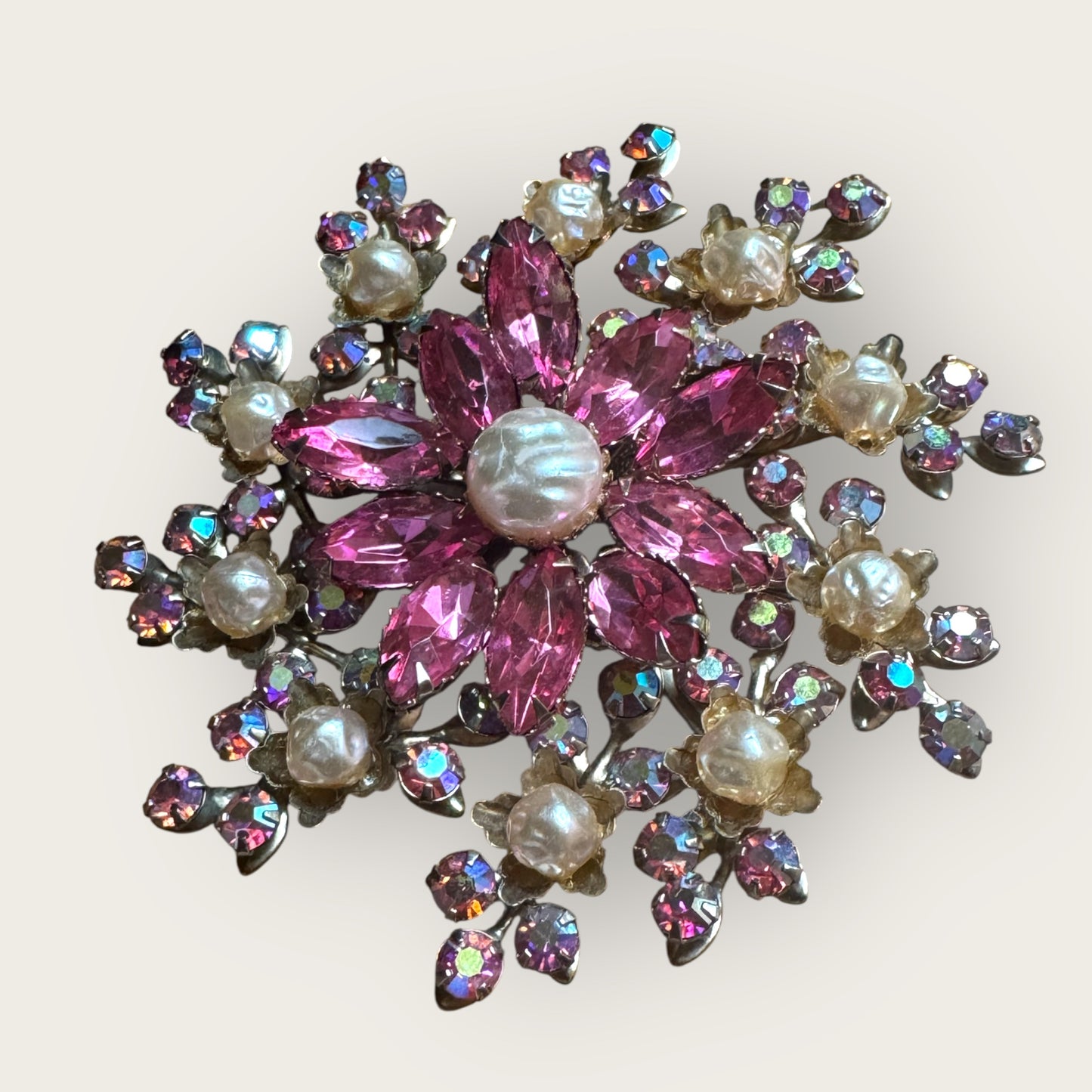Vintage 1940s Pink Rhinestone & Faux Pearl Brooch | Floral Explosion Statement Pin | 3” Round