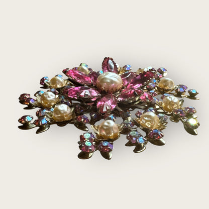 Vintage 1940s Pink Rhinestone & Faux Pearl Brooch | Floral Explosion Statement Pin | 3” Round