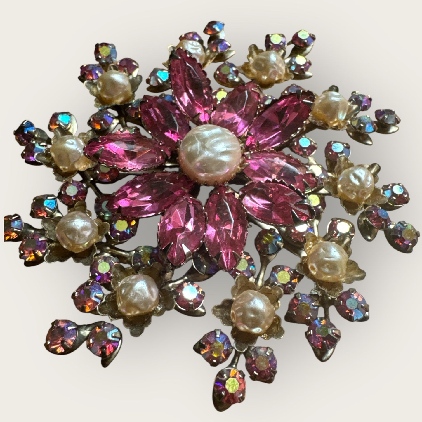 Vintage 1940s Pink Rhinestone & Faux Pearl Brooch | Floral Explosion Statement Pin | 3” Round