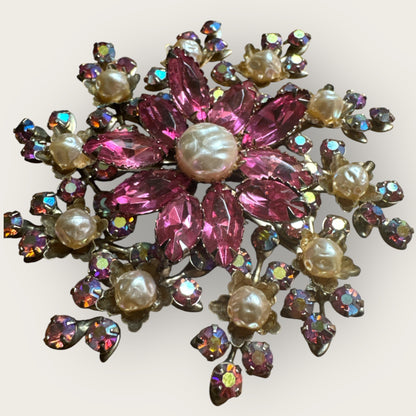 Vintage 1940s Pink Rhinestone & Faux Pearl Brooch | Floral Explosion Statement Pin | 3” Round