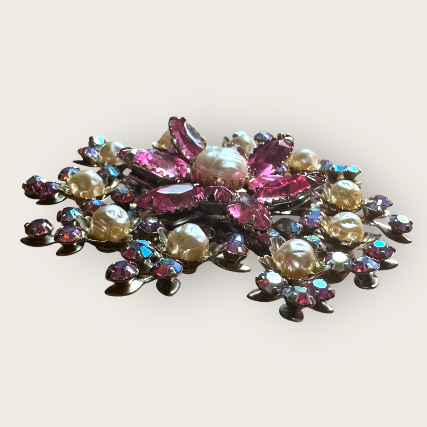 Vintage 1940s Pink Rhinestone & Faux Pearl Brooch | Floral Explosion Statement Pin | 3” Round