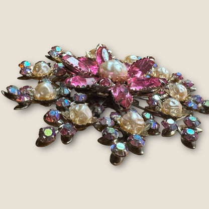 Vintage 1940s Pink Rhinestone & Faux Pearl Brooch | Floral Explosion Statement Pin | 3” Round