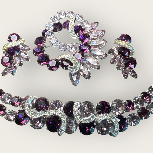 Eisenberg Signed Amethyst Rhinestone Parure | Bracelet, Earrings & Brooch Set | Private Collection
