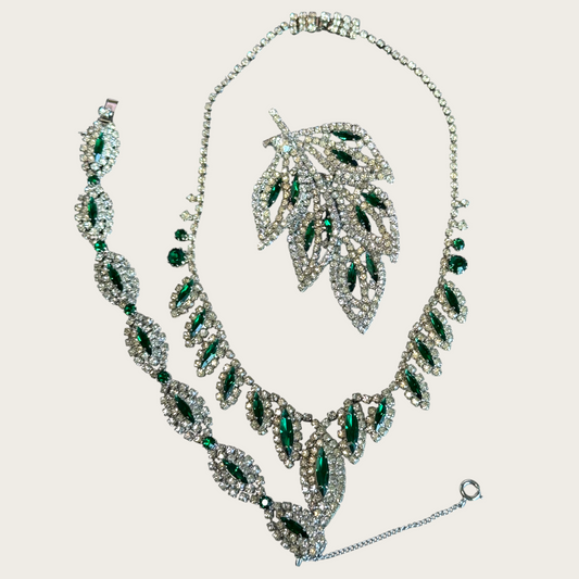 Signed Weiss Emerald Green Navette Rhinestone Parure | Necklace, Bracelet & Brooch | Mid-Century Collector’s Masterpiece | Private Collection
