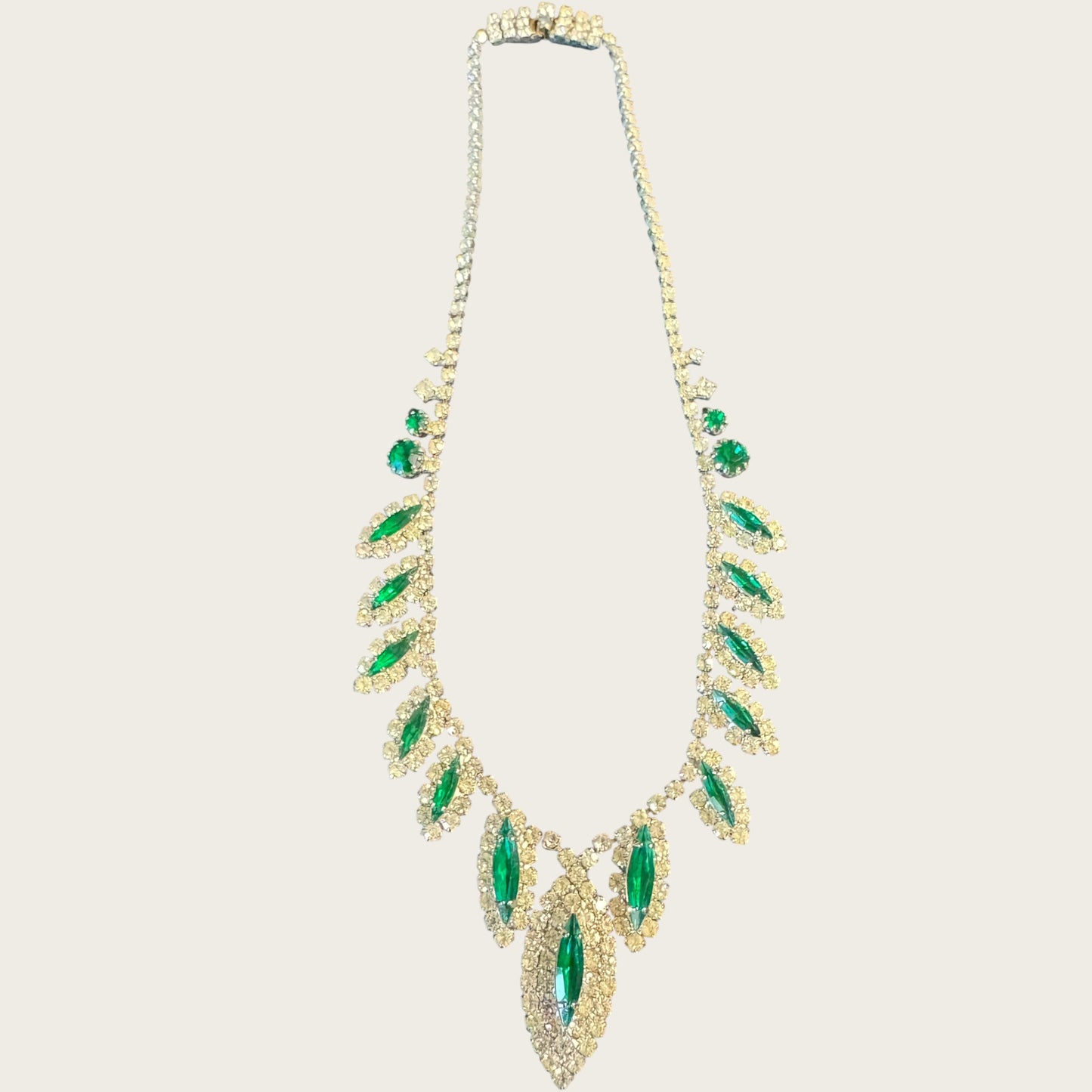 Signed Weiss Emerald Green Navette Rhinestone Parure | Necklace, Bracelet & Brooch | Mid-Century Collector’s Masterpiece | Private Collection