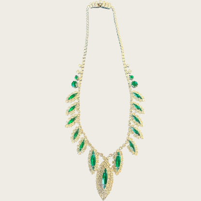 Signed Weiss Emerald Green Navette Rhinestone Parure | Necklace, Bracelet & Brooch | Mid-Century Collector’s Masterpiece | Private Collection