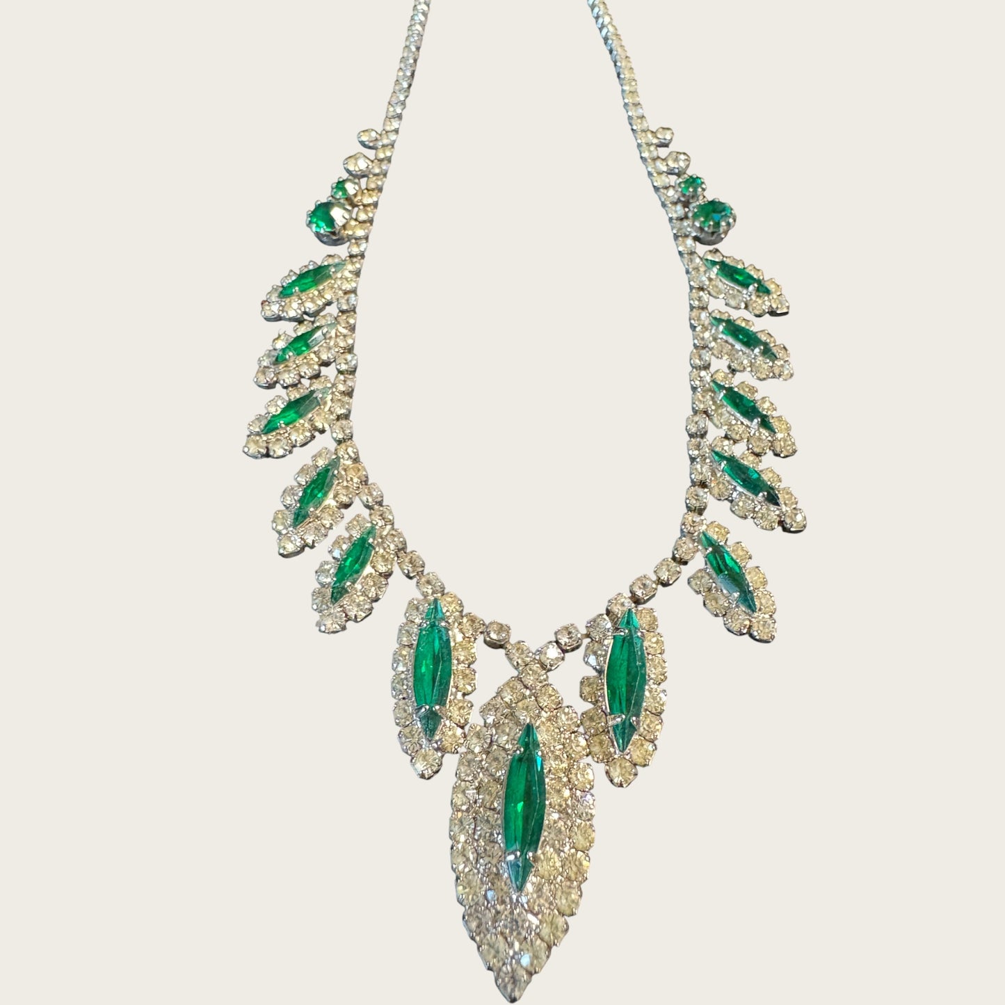 Signed Weiss Emerald Green Navette Rhinestone Parure | Necklace, Bracelet & Brooch | Mid-Century Collector’s Masterpiece | Private Collection