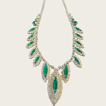 Signed Weiss Emerald Green Navette Rhinestone Parure | Necklace, Bracelet & Brooch | Mid-Century Collector’s Masterpiece | Private Collection