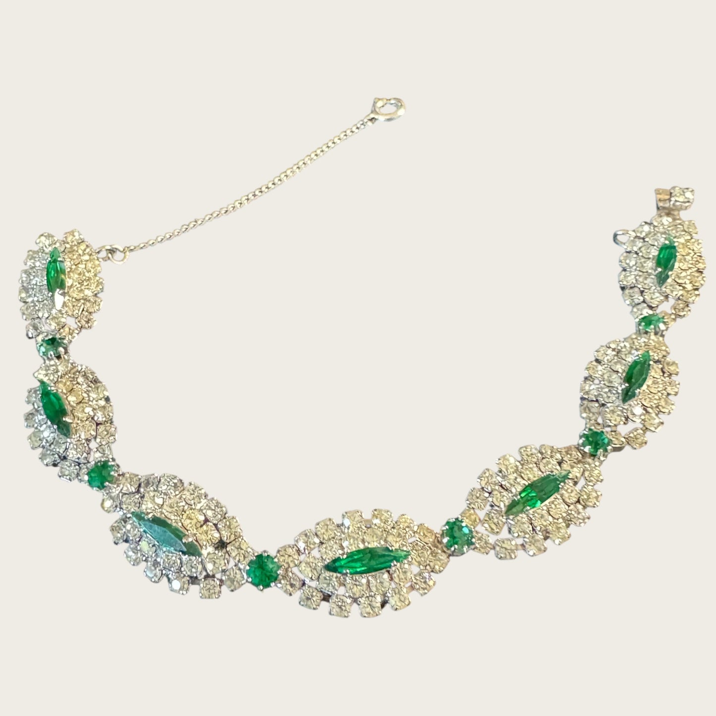 Signed Weiss Emerald Green Navette Rhinestone Parure | Necklace, Bracelet & Brooch | Mid-Century Collector’s Masterpiece | Private Collection