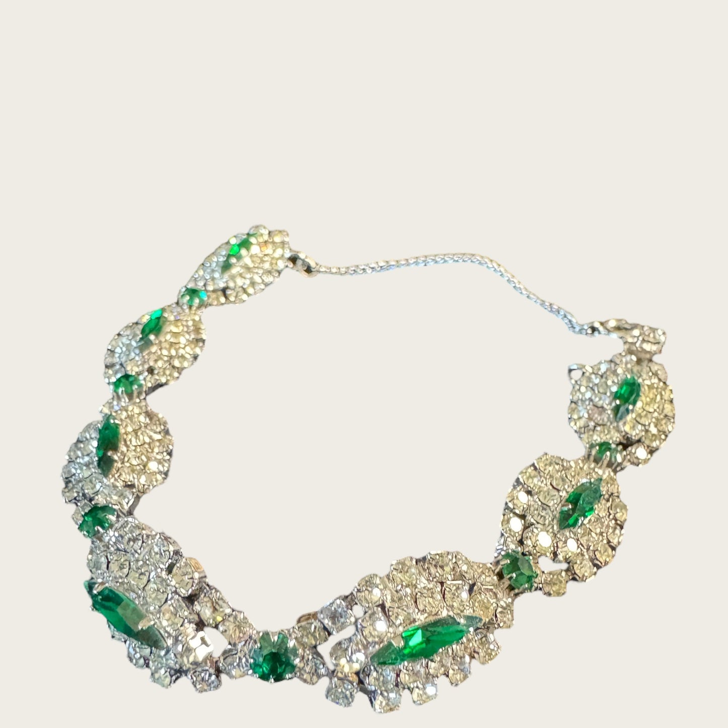 Signed Weiss Emerald Green Navette Rhinestone Parure | Necklace, Bracelet & Brooch | Mid-Century Collector’s Masterpiece | Private Collection