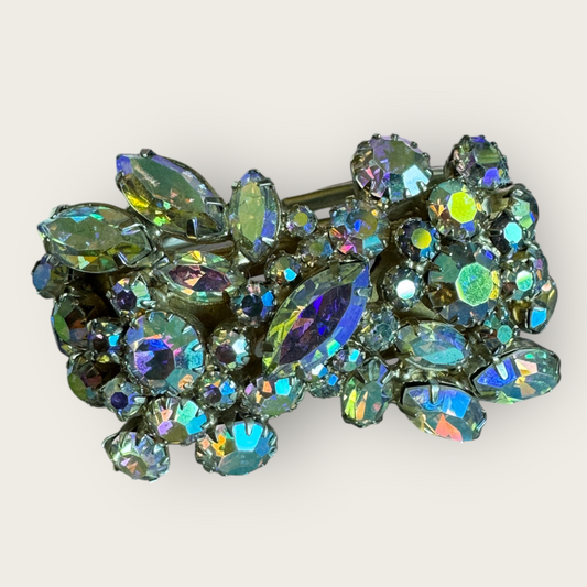 Vintage Continental Aurora Borealis Cuff Bracelet – Prong-Set Rhinestones, 1950s Statement Jewelry