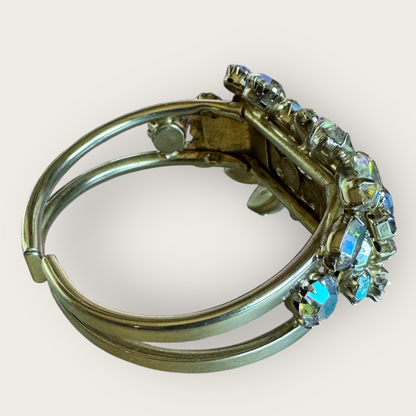 Vintage Continental Aurora Borealis Cuff Bracelet – Prong-Set Rhinestones, 1950s Statement Jewelry