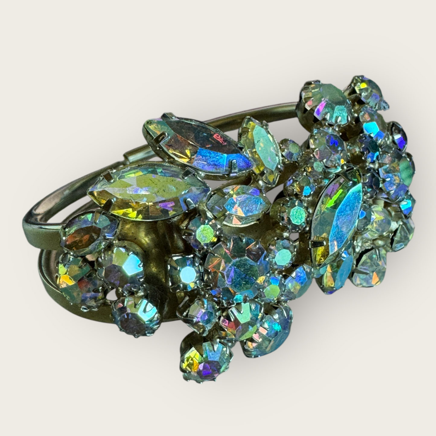 Vintage Continental Aurora Borealis Cuff Bracelet – Prong-Set Rhinestones, 1950s Statement Jewelry