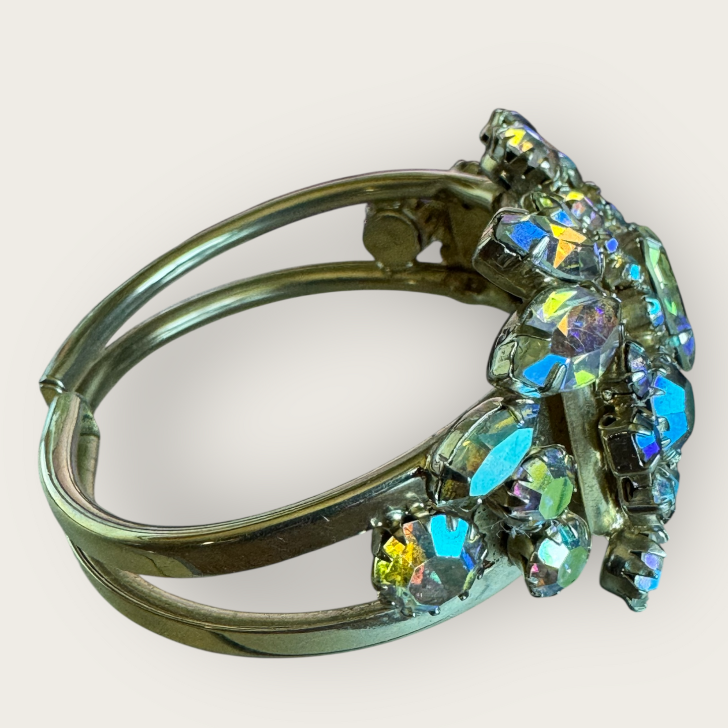 Vintage Continental Aurora Borealis Cuff Bracelet – Prong-Set Rhinestones, 1950s Statement Jewelry