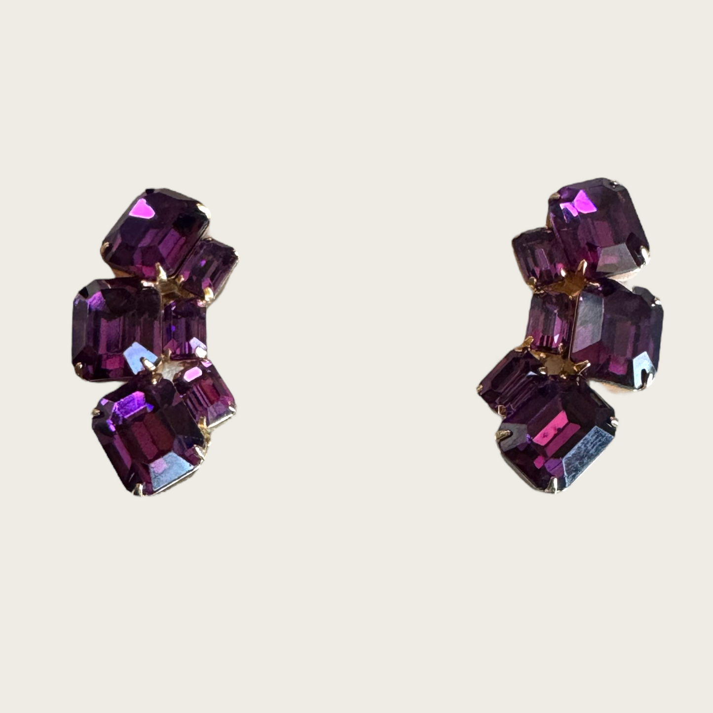 Vintage Signed Weiss Purple Emerald-Cut Rhinestone Climber Earrings | Gold Tone Clip-On Statement Pair