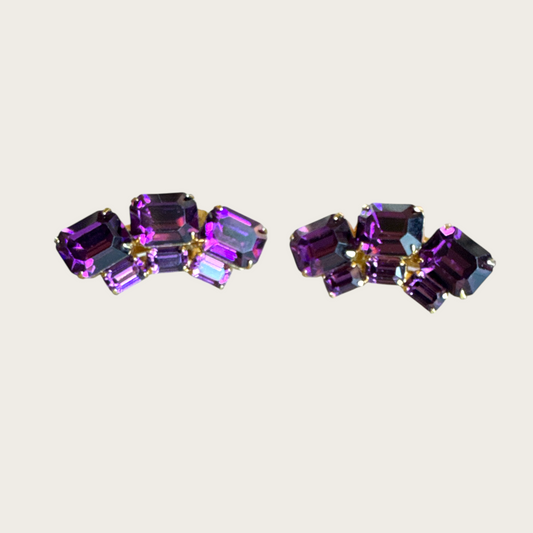 Vintage Signed Weiss Purple Emerald-Cut Rhinestone Climber Earrings | Gold Tone Clip-On Statement Pair