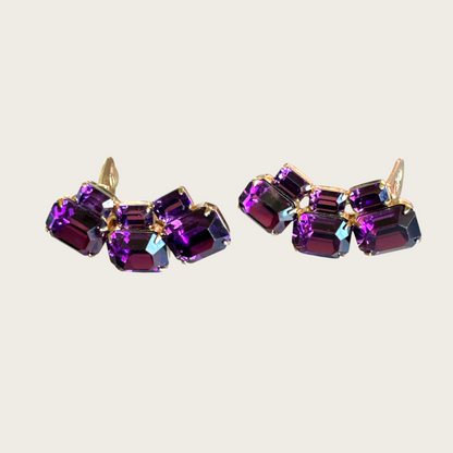 Vintage Signed Weiss Purple Emerald-Cut Rhinestone Climber Earrings | Gold Tone Clip-On Statement Pair