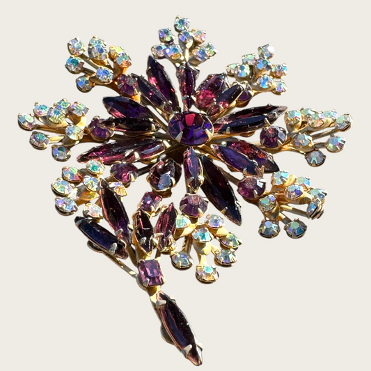 Extra Large Vintage Amethyst & Aurora Borealis Rivet-Back Floral Spray Brooch | 1960s Statement Jewelry