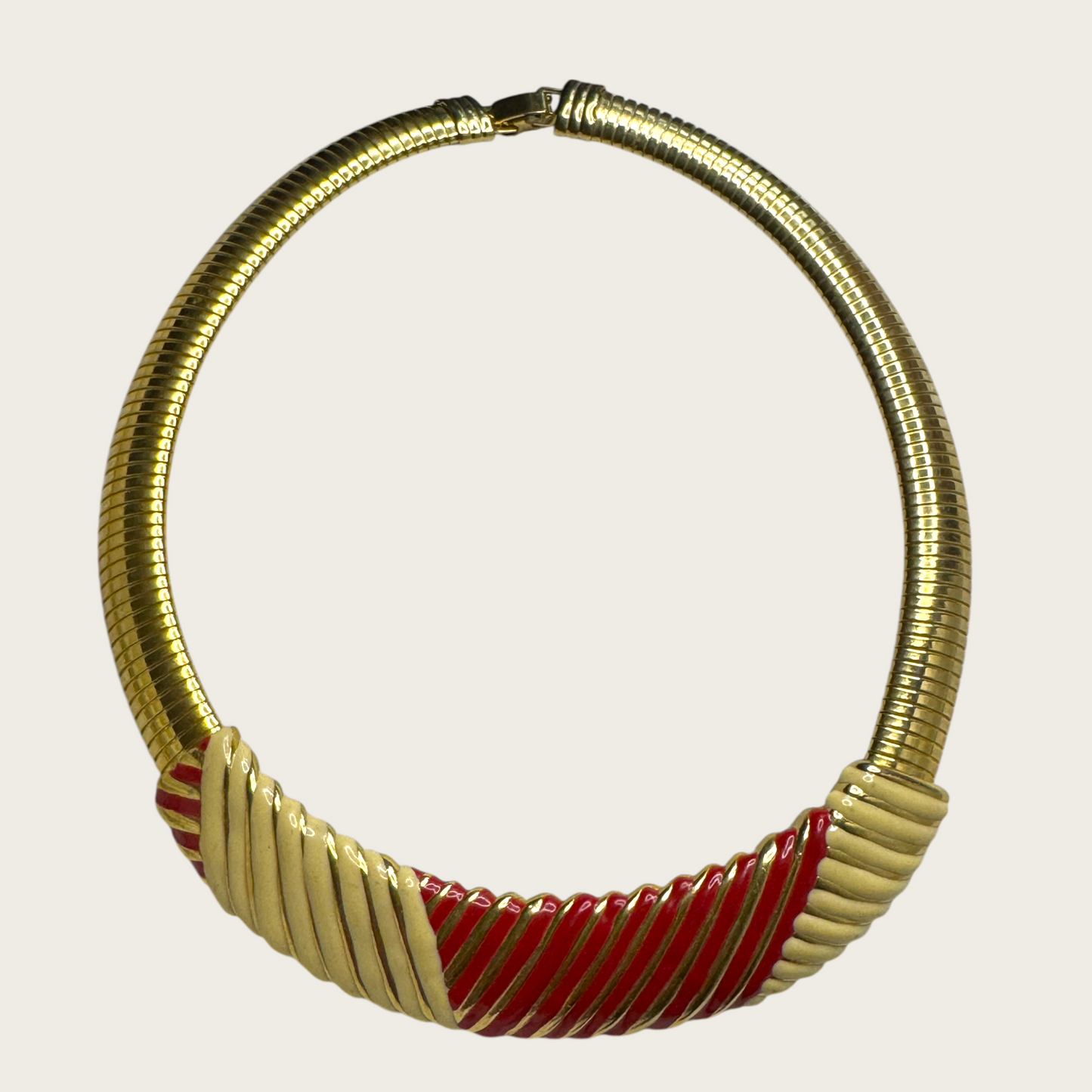 Vintage Enamel Omega Collar Necklace | Red & Cream Striped Statement | Bold 1980s Power Glam