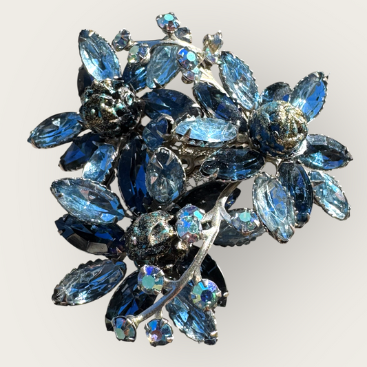Unsigned Beau Jewels-Style Vintage Blue Rhinestone Brooch | Dimensional Floral Spray with AB & Fluss Beads