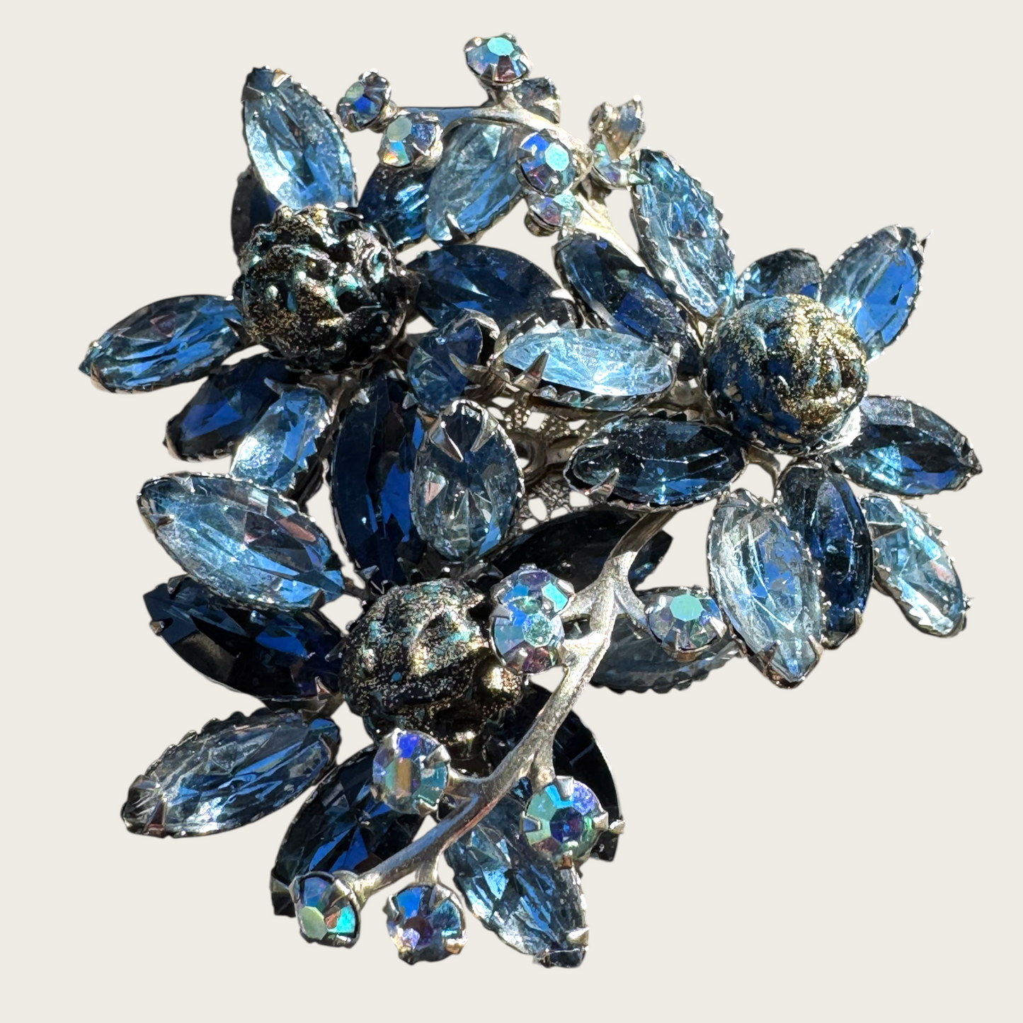 Unsigned Beau Jewels-Style Vintage Blue Rhinestone Brooch | Dimensional Floral Spray with AB & Fluss Beads