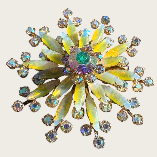 Vintage Starburst Brooch | Opalescent Yellow Navettes & Aurora Borealis Rhinestones | Gold Tone, Rivet-Backed 1960s Floral Burst