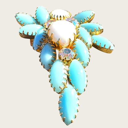 Vintage 1960s Aqua Blue Navette & Faux Pearl Brooch – Layered Glass Stones, AB Accents, Gold Tone