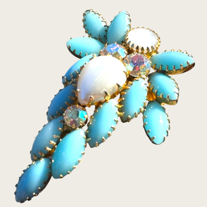Vintage 1960s Aqua Blue Navette & Faux Pearl Brooch – Layered Glass Stones, AB Accents, Gold Tone