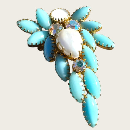 Vintage 1960s Aqua Blue Navette & Faux Pearl Brooch – Layered Glass Stones, AB Accents, Gold Tone