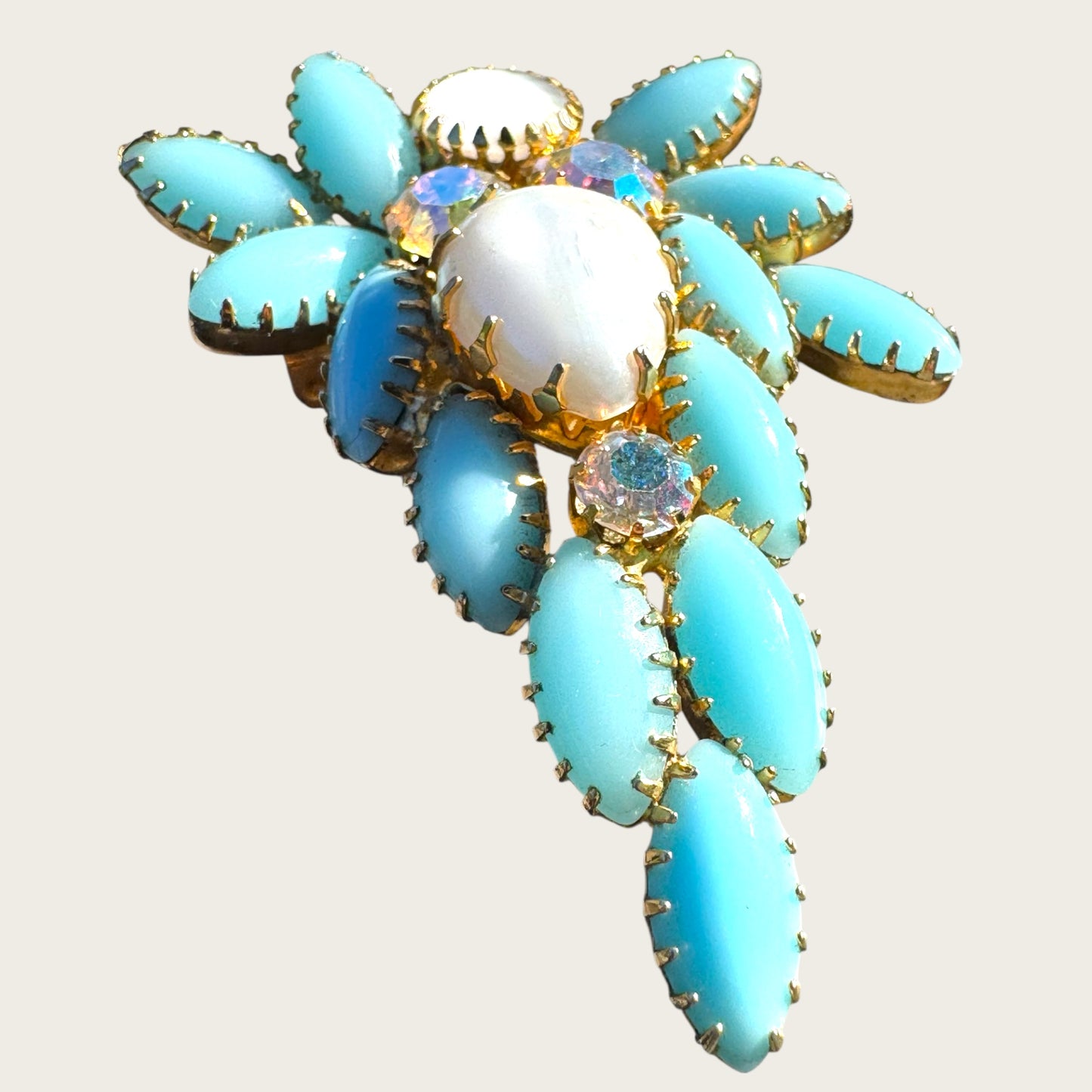 Vintage 1960s Aqua Blue Navette & Faux Pearl Brooch – Layered Glass Stones, AB Accents, Gold Tone