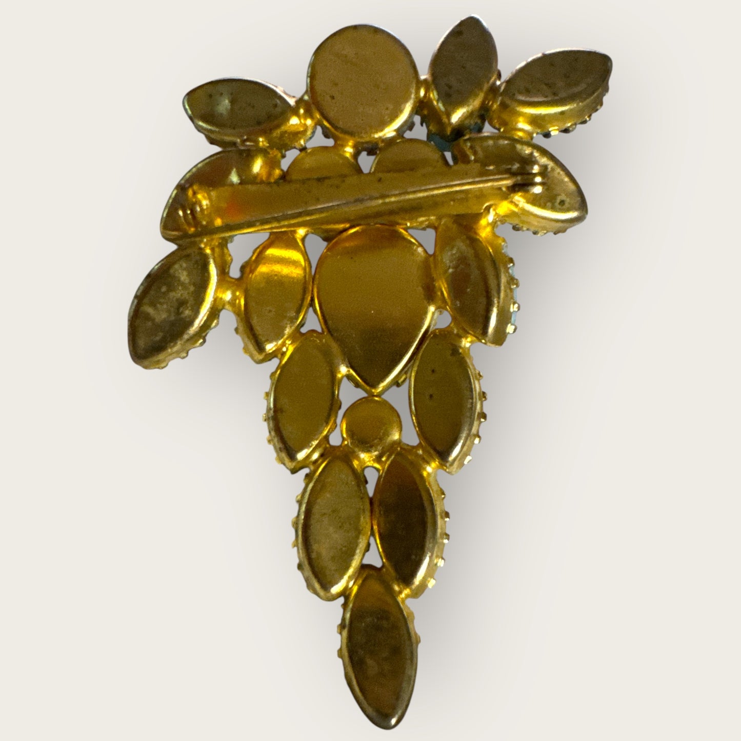 Vintage 1960s Aqua Blue Navette & Faux Pearl Brooch – Layered Glass Stones, AB Accents, Gold Tone