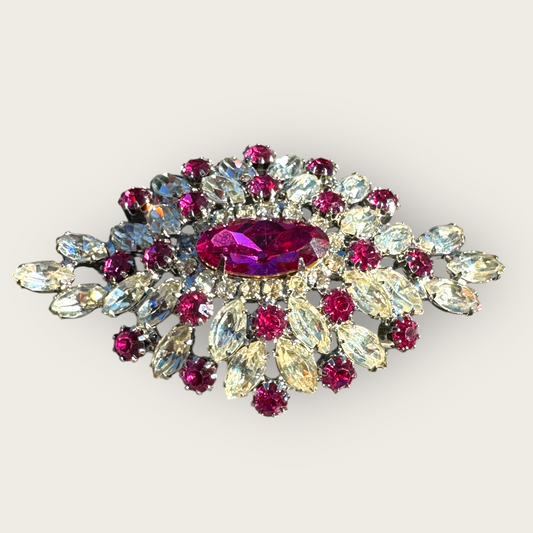 Vintage Fuchsia Foil Back Rhinestone Domed Brooch – Marquise & Round Cut Starburst Pin