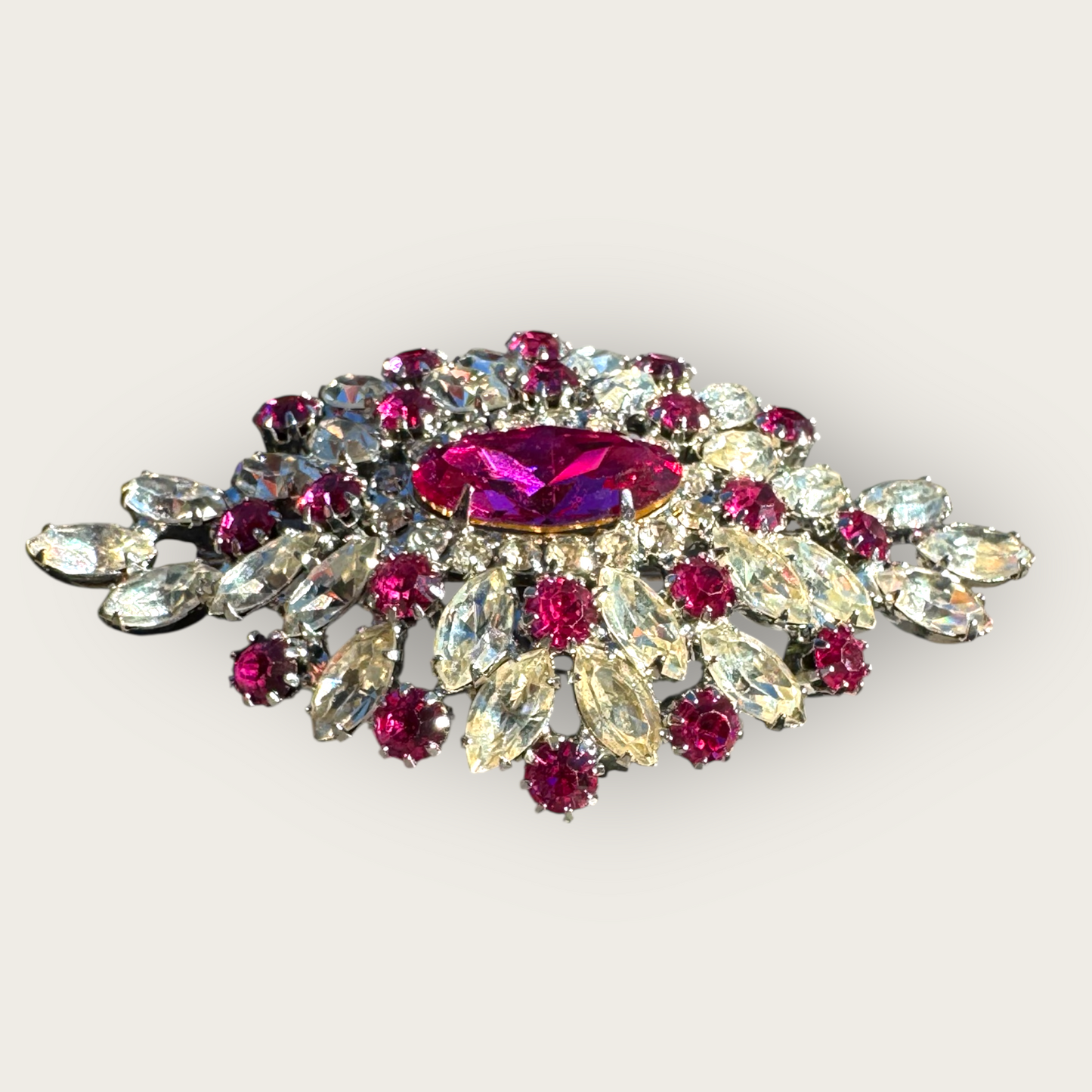 Vintage Fuchsia Foil Back Rhinestone Domed Brooch – Marquise & Round Cut Starburst Pin