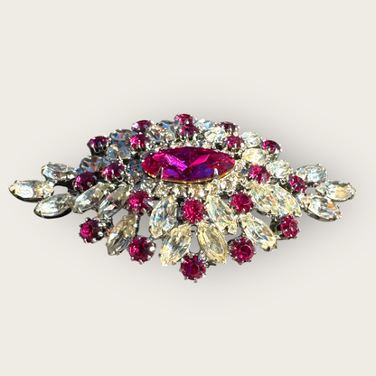 Vintage Fuchsia Foil Back Rhinestone Domed Brooch – Marquise & Round Cut Starburst Pin