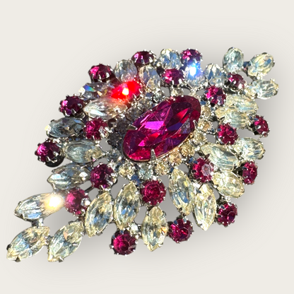 Vintage Fuchsia Foil Back Rhinestone Domed Brooch – Marquise & Round Cut Starburst Pin